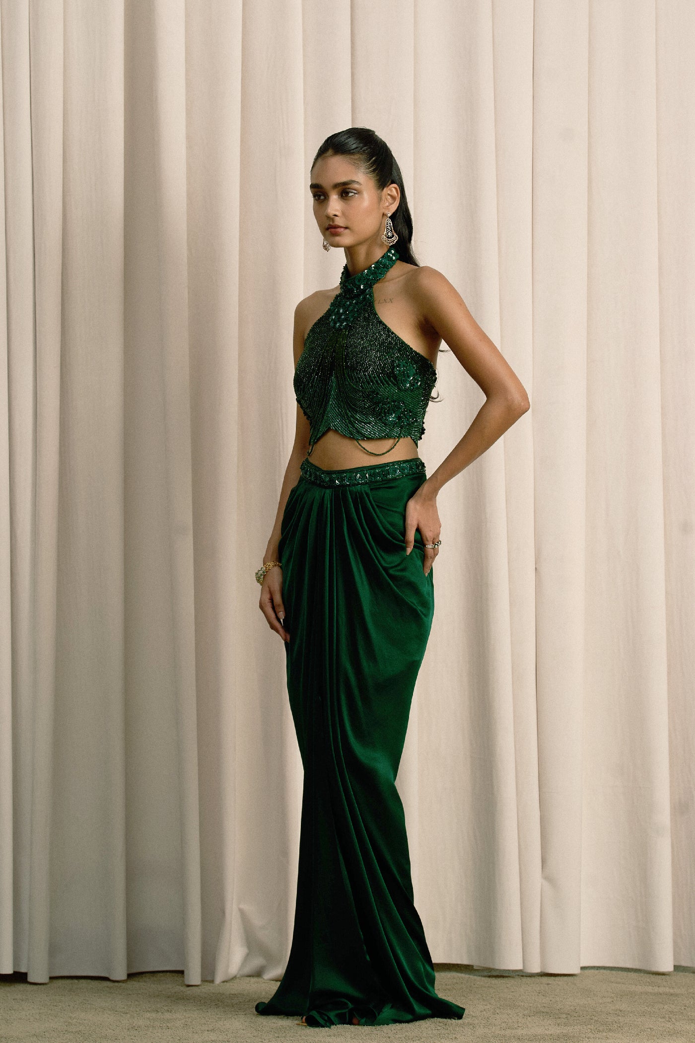 EMERALD GREEN HALTER TOP WITH PLEATED SKIRT