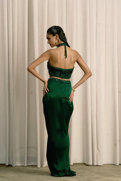 EMERALD GREEN HALTER TOP WITH PLEATED SKIRT