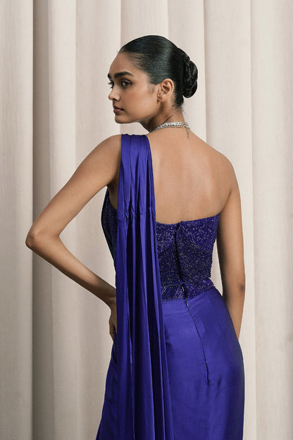 ROYAL BLUE PRE-DRAPED COCKTAIL SAREE WITH CORSET BLOUSE