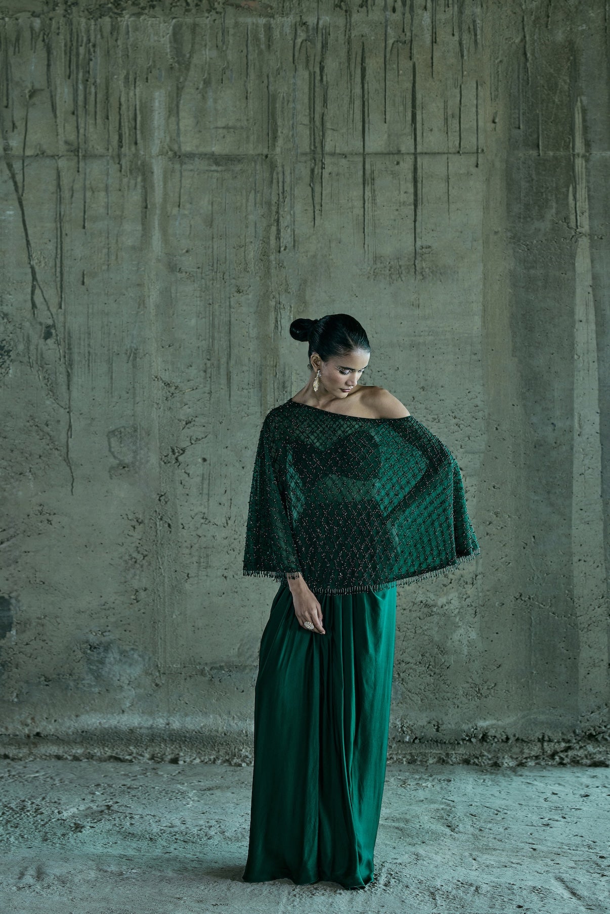 EMERALD OFF SHOULDER CAPE WITH BUSTIER AND SKIRT