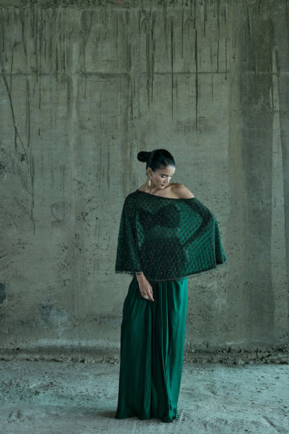 EMERALD OFF SHOULDER CAPE WITH BUSTIER AND SKIRT