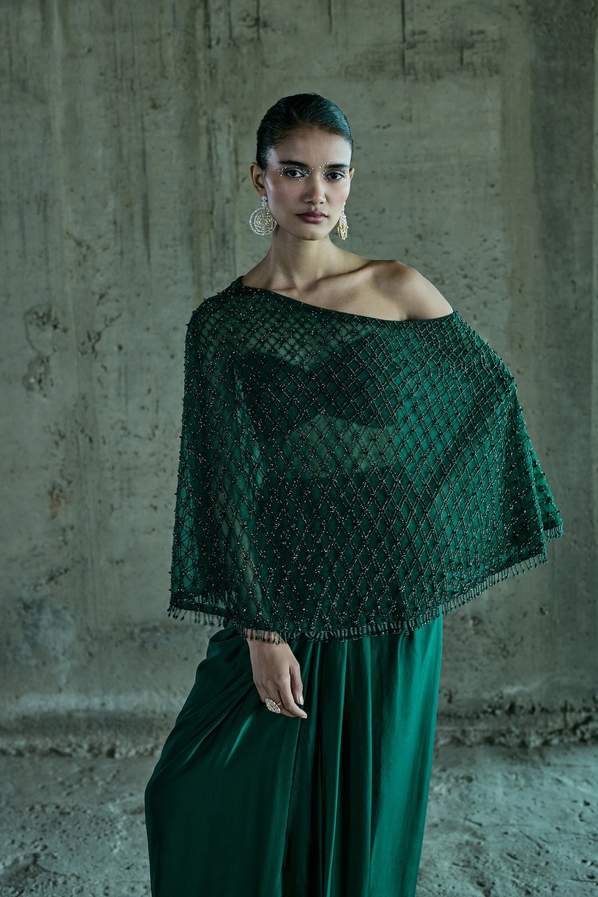 EMERALD OFF SHOULDER CAPE WITH BUSTIER AND SKIRT