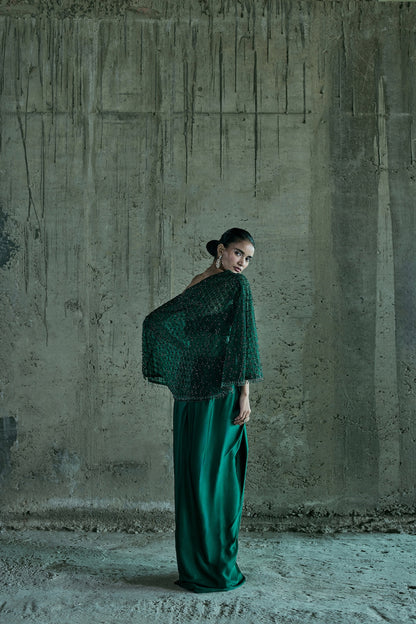 EMERALD OFF SHOULDER CAPE WITH BUSTIER AND SKIRT