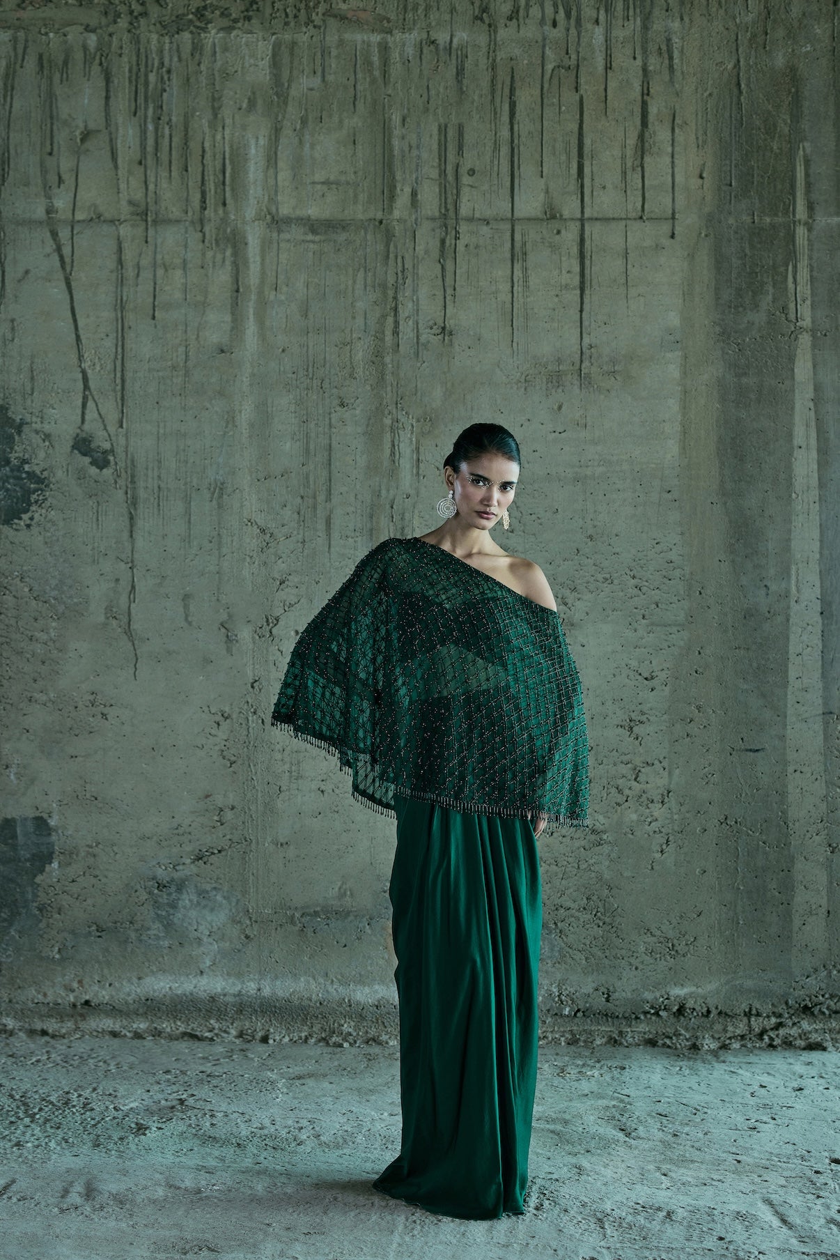EMERALD OFF SHOULDER CAPE WITH BUSTIER AND SKIRT