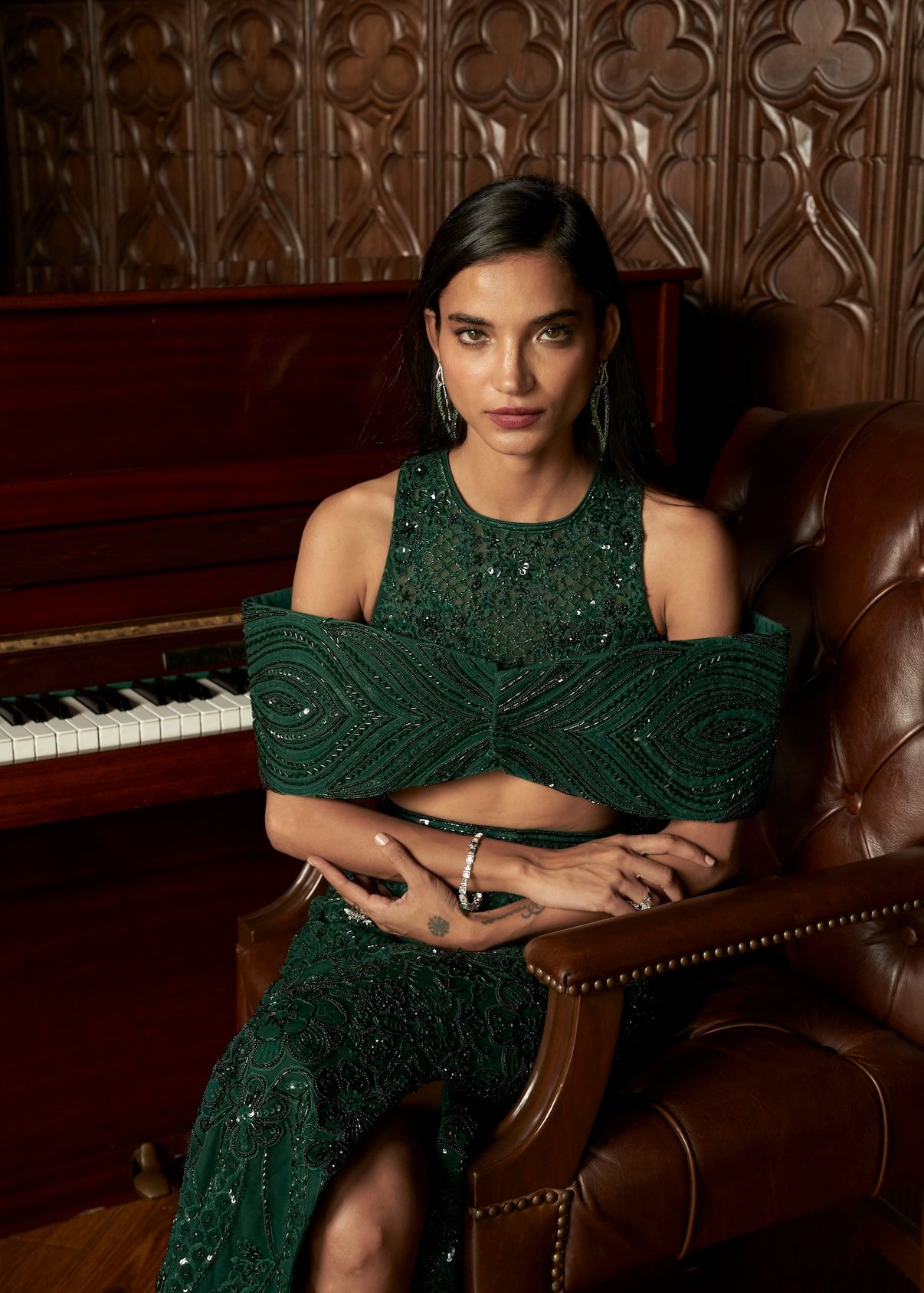 EMERALD INDOWESTERN TOP-SKIRT SET