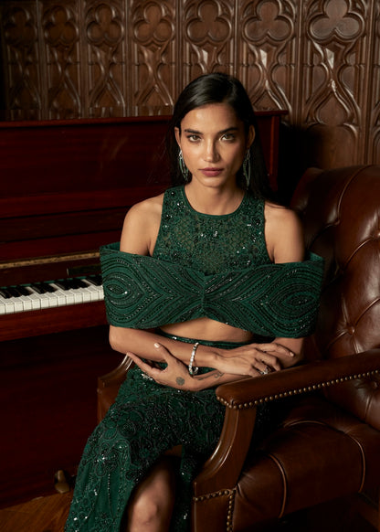 EMERALD INDOWESTERN TOP-SKIRT SET