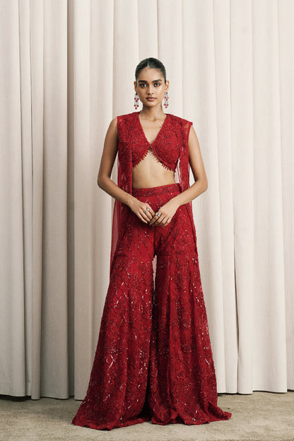 RED EMBROIDERED JACKET SET WITH BUSTIER AND PANTS