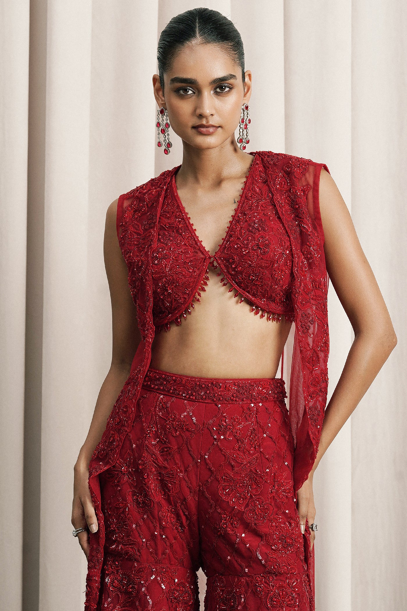 RED EMBROIDERED JACKET SET WITH BUSTIER AND PANTS