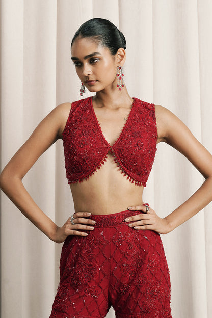 RED EMBROIDERED JACKET SET WITH BUSTIER AND PANTS