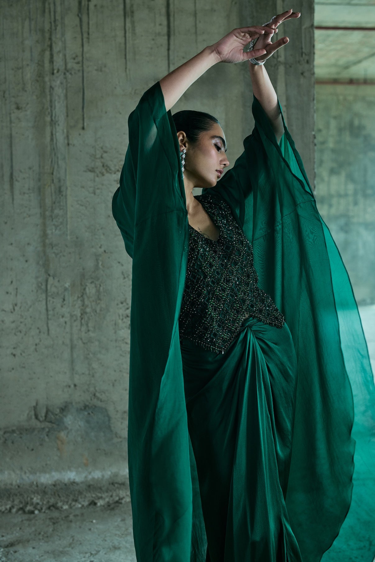 EMERALD CRYSTAL JACKET SET PAIRED WITH A CAPE