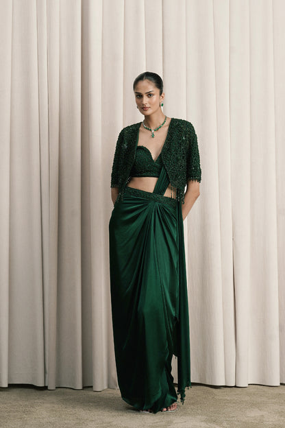EMERALD GREEN DRAPED SAREE WITH EMBROIDERED JACKET