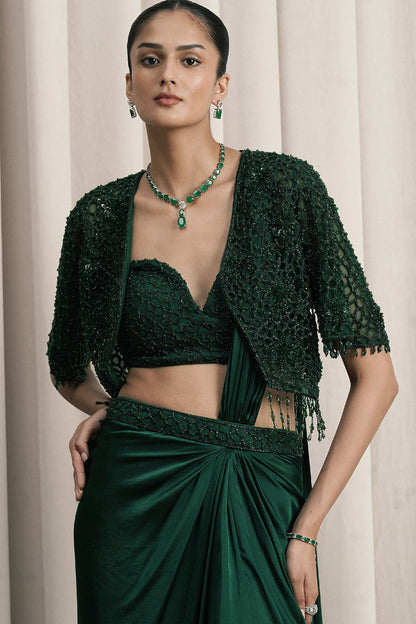 EMERALD GREEN DRAPED SAREE WITH EMBROIDERED JACKET