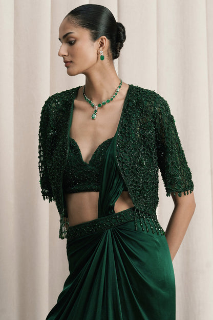 EMERALD GREEN DRAPED SAREE WITH EMBROIDERED JACKET