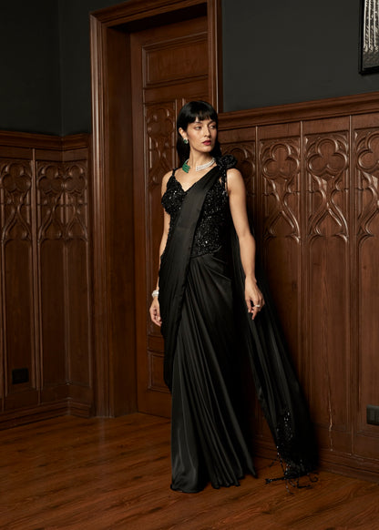 BLACK COCKTAIL CORSET DRAPE SAREE
