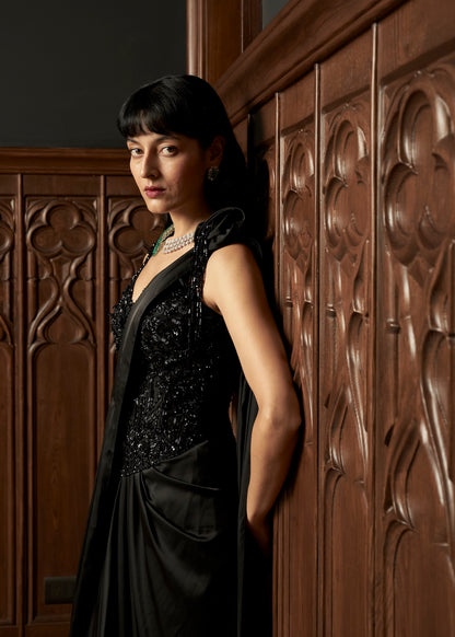 BLACK COCKTAIL CORSET DRAPE SAREE