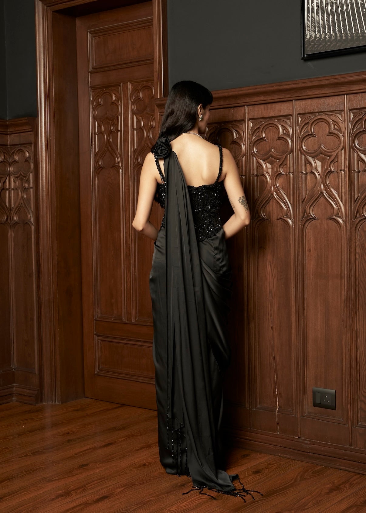 BLACK COCKTAIL CORSET DRAPE SAREE