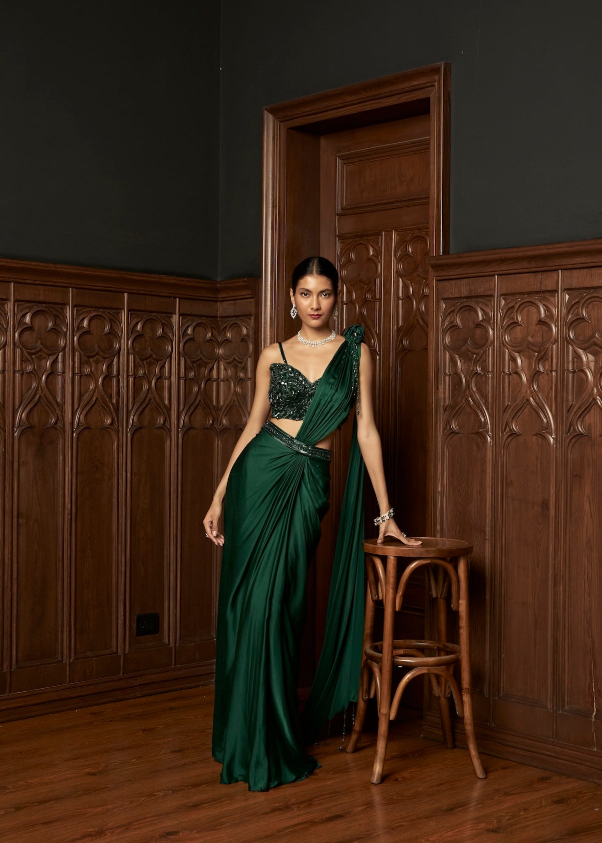 EMERALD DRAPE SAREE WITH 3D BLOUSE