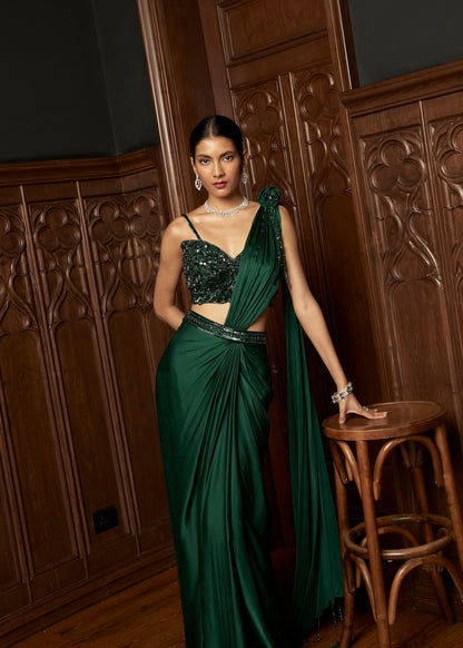 EMERALD DRAPE SAREE WITH 3D BLOUSE