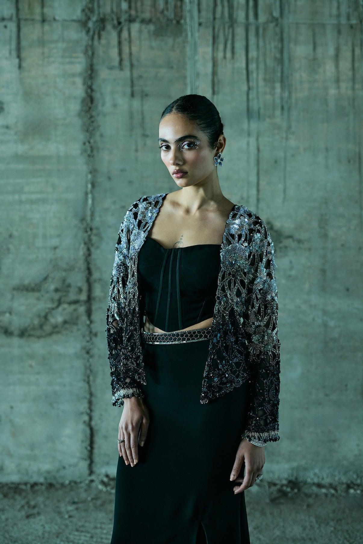 BLACK SHADED-CUTWORK JACKET SET WITH CORSET AND SLIT SKIRT