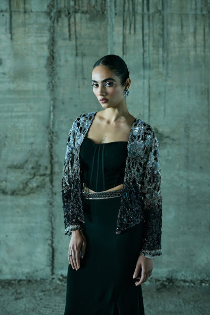 BLACK SHADED-CUTWORK JACKET SET WITH CORSET AND SLIT SKIRT