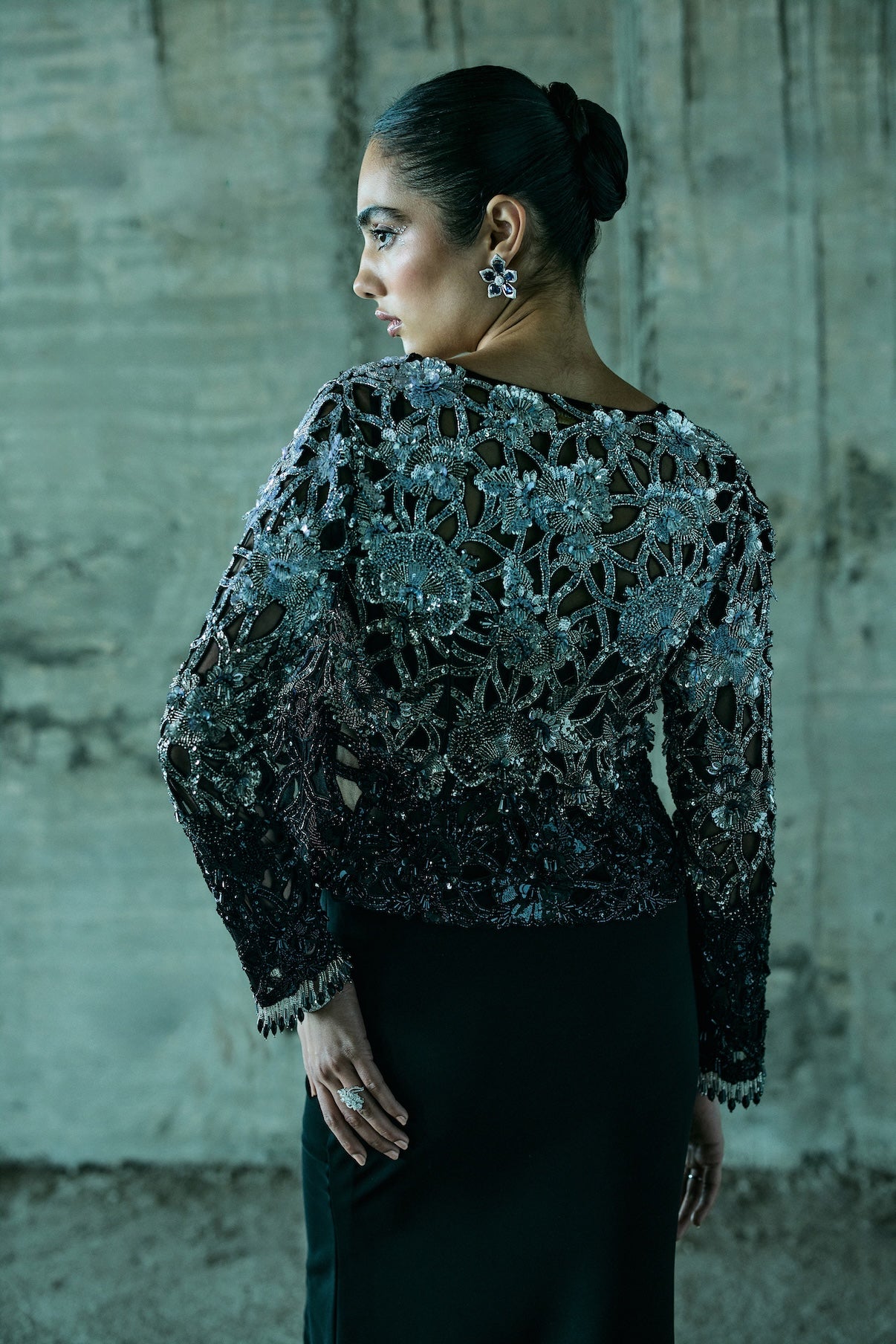 BLACK SHADED-CUTWORK JACKET SET WITH CORSET AND SLIT SKIRT