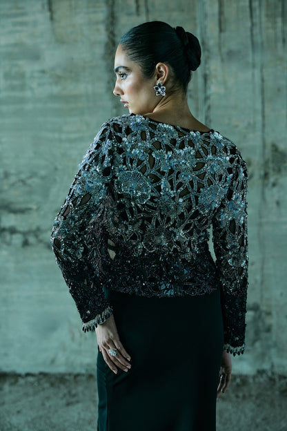 BLACK SHADED-CUTWORK JACKET SET WITH CORSET AND SLIT SKIRT