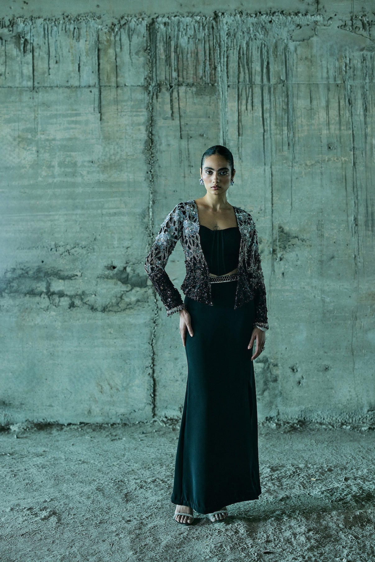 BLACK SHADED-CUTWORK JACKET SET WITH CORSET AND SLIT SKIRT