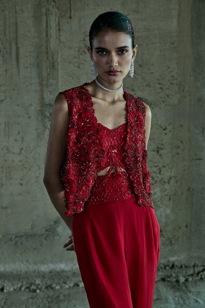 RED 3-D EMBELLISHED JACKET-PANT SET
