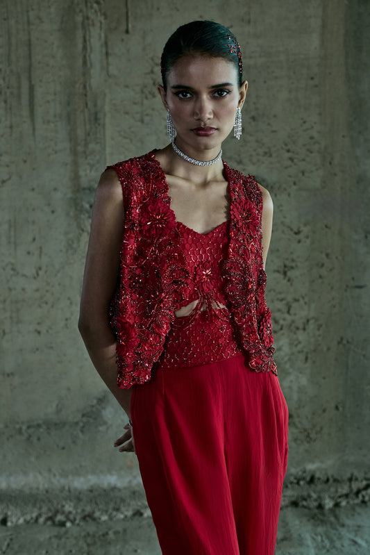 RED 3-D EMBELLISHED JACKET-PANT SET