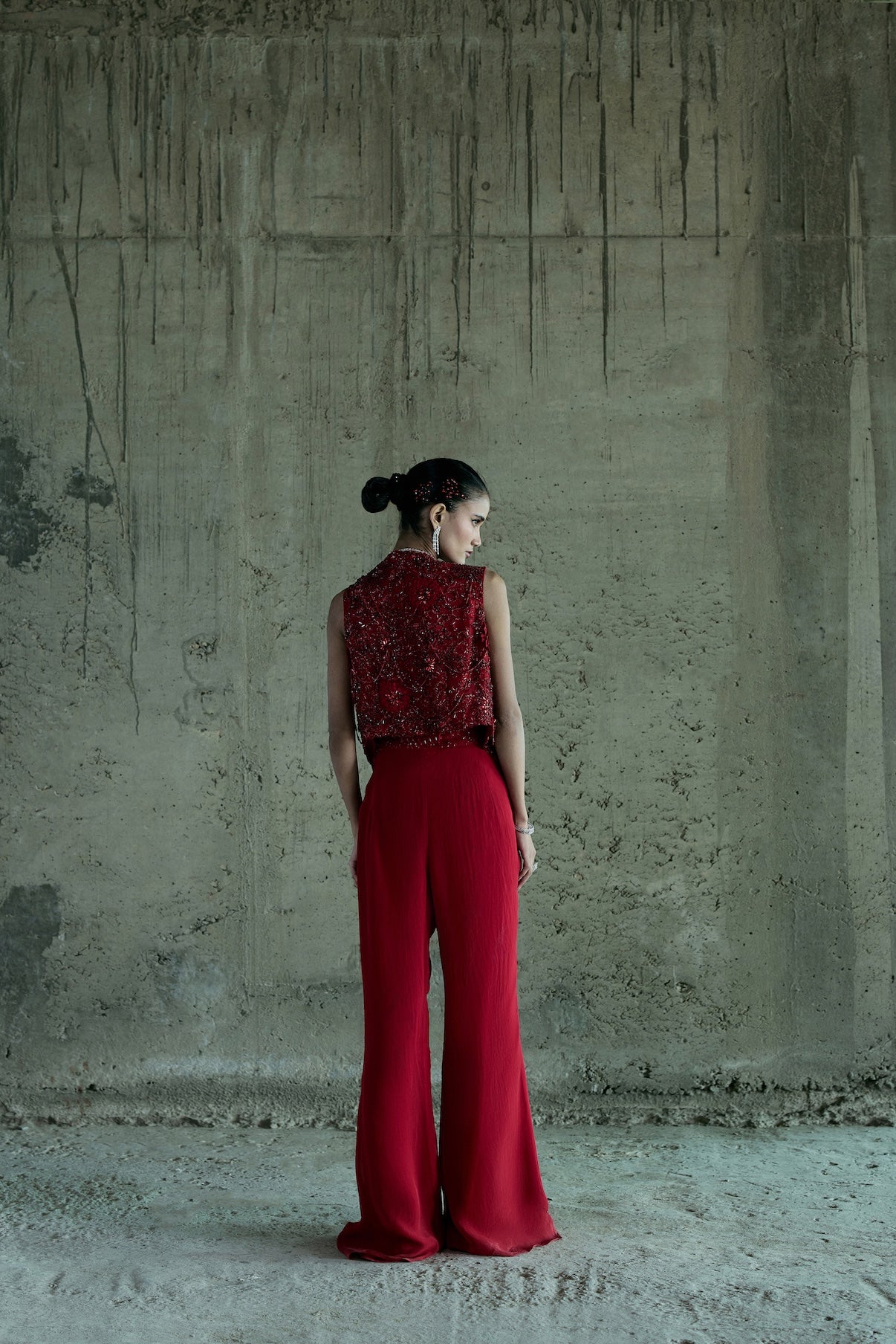 RED 3-D EMBELLISHED JACKET-PANT SET