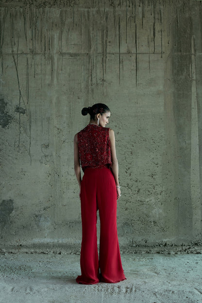 RED 3-D EMBELLISHED JACKET-PANT SET