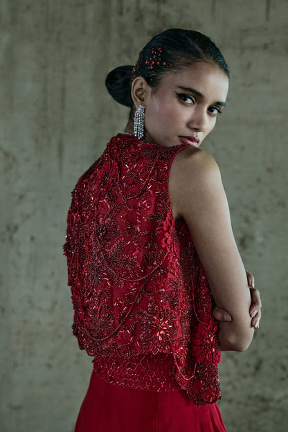 RED 3-D EMBELLISHED JACKET-PANT SET