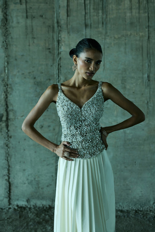 IVORY PEARL AND STONES EMBELLISHED CORSET WITH SKIRT SET
