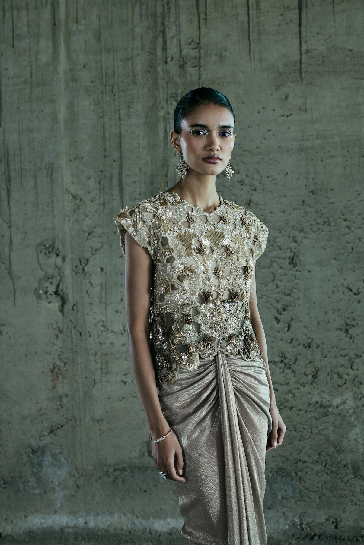 BEIGE SHADED CUTWORK TOP AND SKIRT SET
