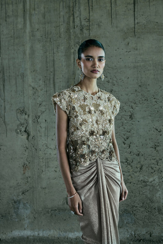 BEIGE SHADED CUTWORK TOP AND SKIRT SET