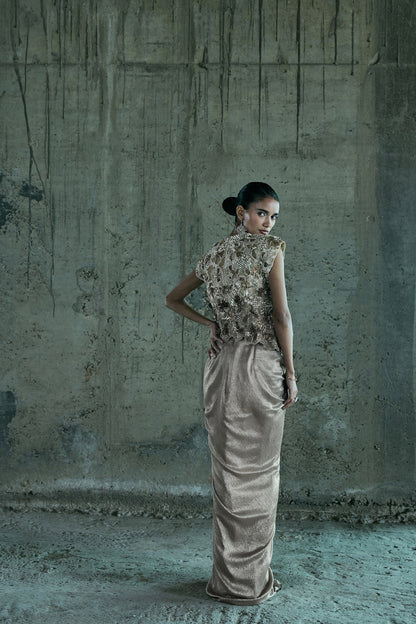 BEIGE SHADED CUTWORK TOP AND SKIRT SET