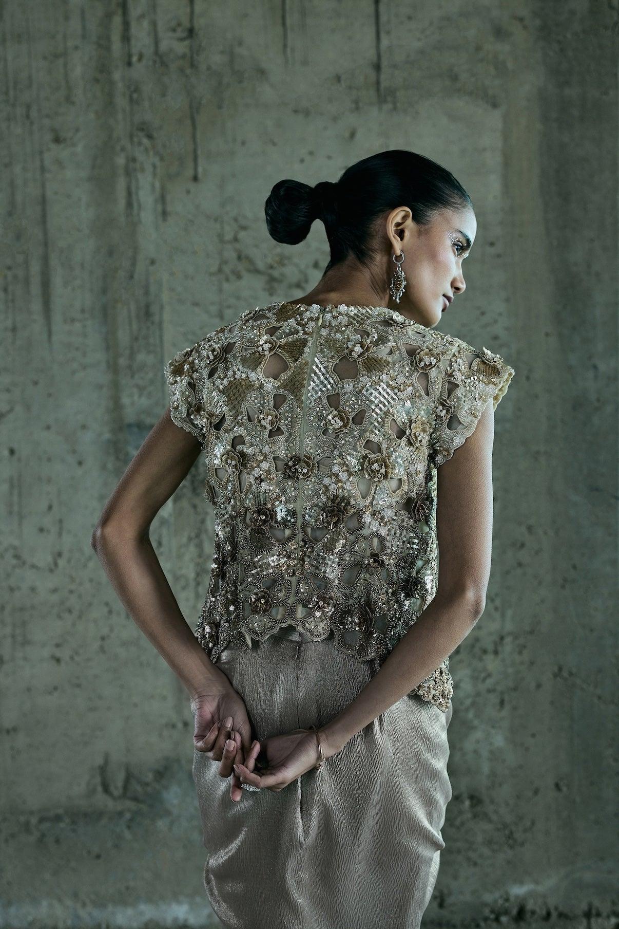 BEIGE SHADED CUTWORK TOP AND SKIRT SET
