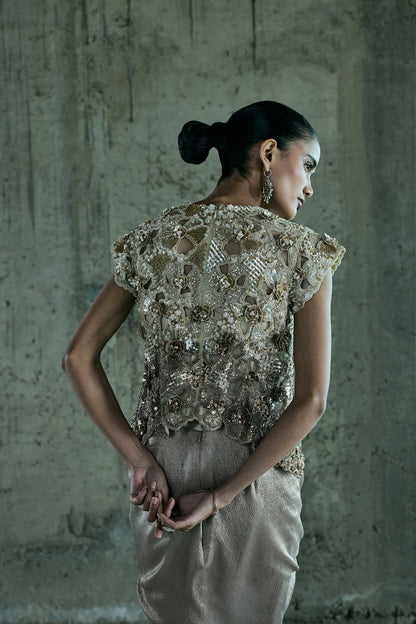 BEIGE SHADED CUTWORK TOP AND SKIRT SET