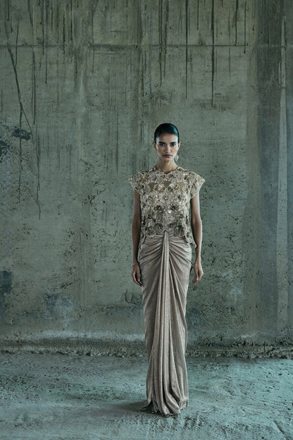 BEIGE SHADED CUTWORK TOP AND SKIRT SET