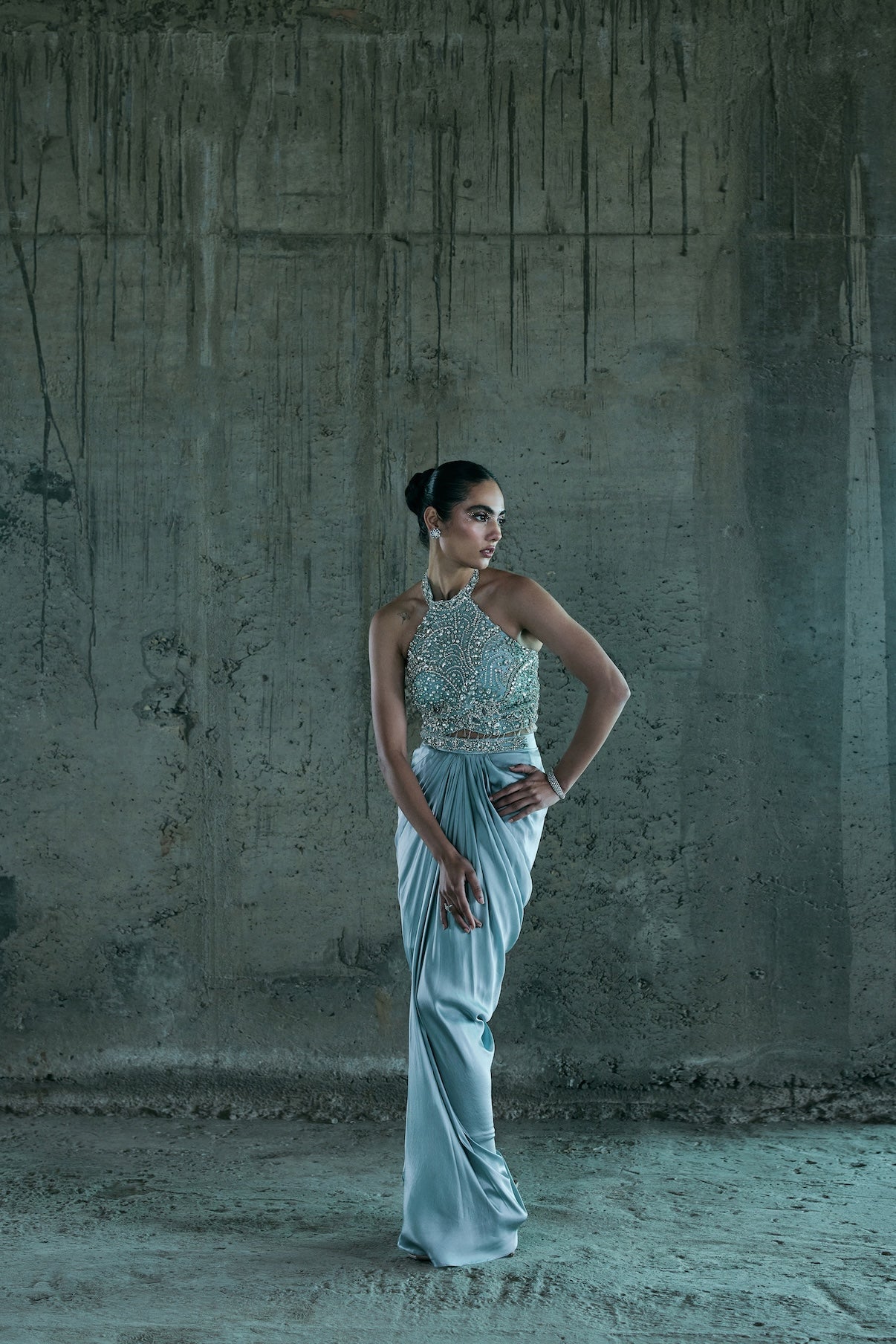 ICE BLUE STONE EMBELLISHED TOP WITH SKIRT