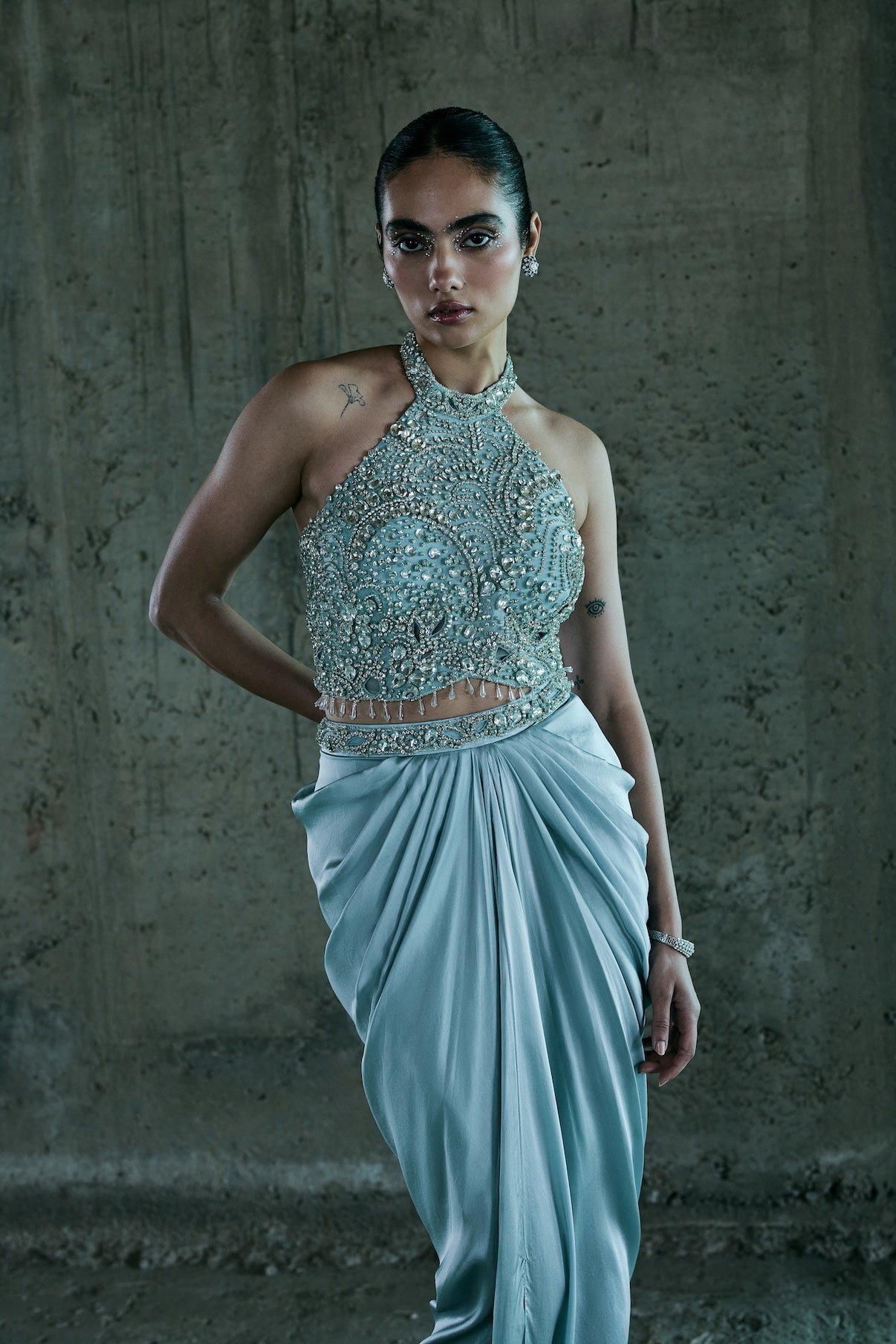 ICE BLUE STONE EMBELLISHED TOP WITH SKIRT