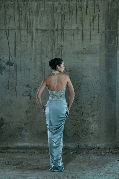 ICE BLUE STONE EMBELLISHED TOP WITH SKIRT
