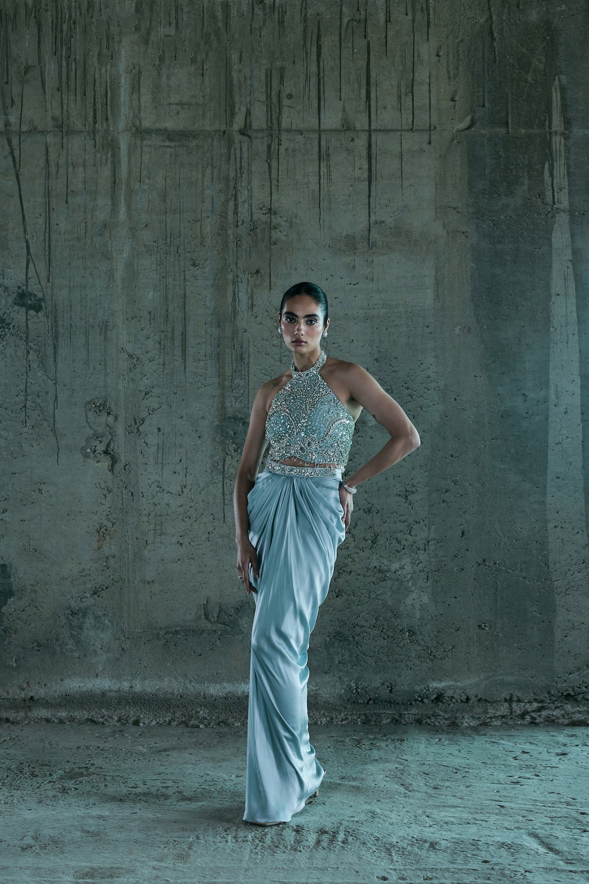 ICE BLUE STONE EMBELLISHED TOP WITH SKIRT