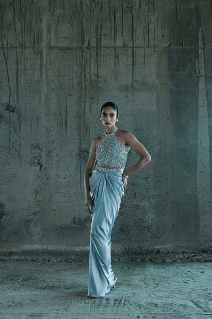 ICE BLUE STONE EMBELLISHED TOP WITH SKIRT