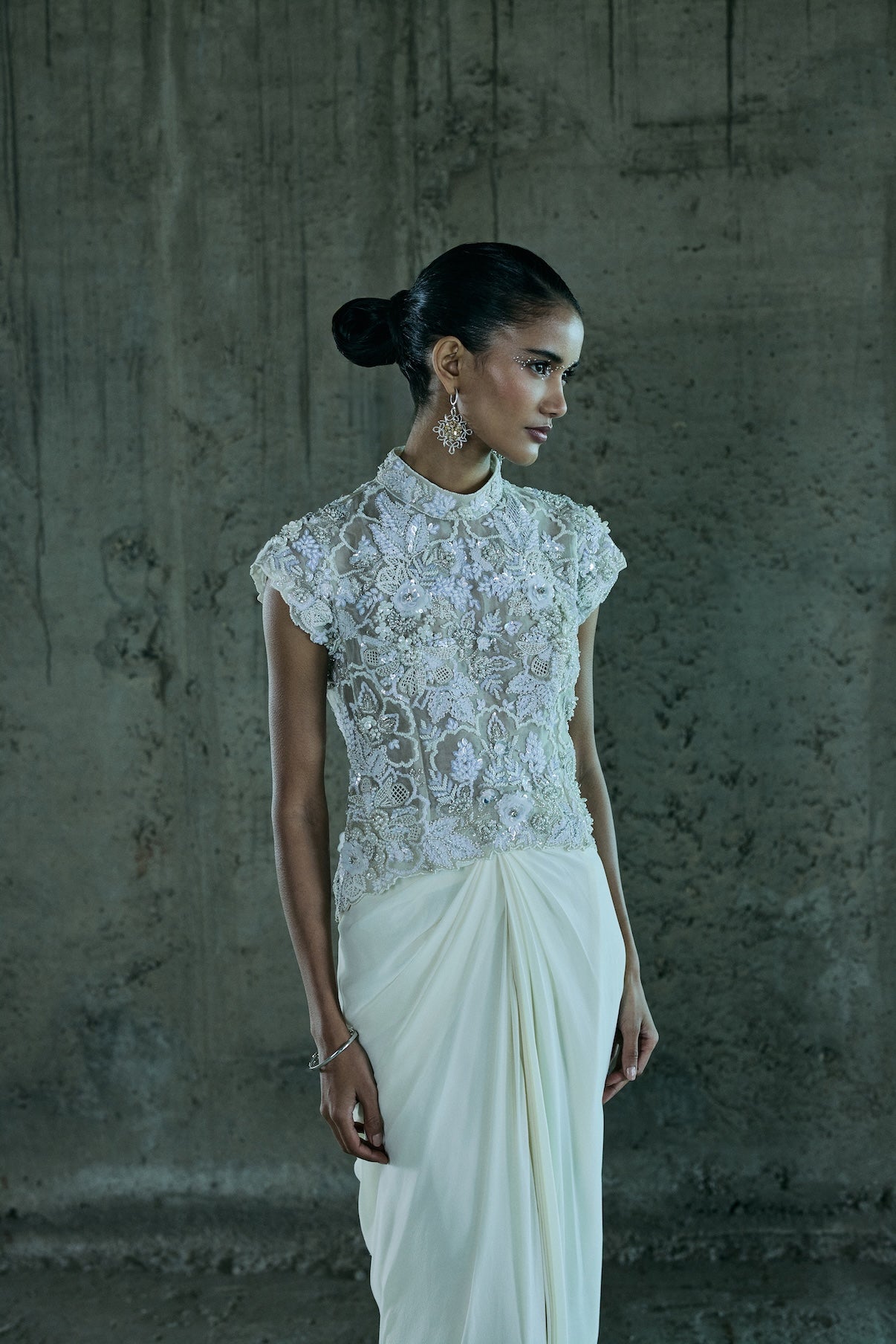 IVORY 3-D EMBROIDERED TOP WITH SKIRT SET