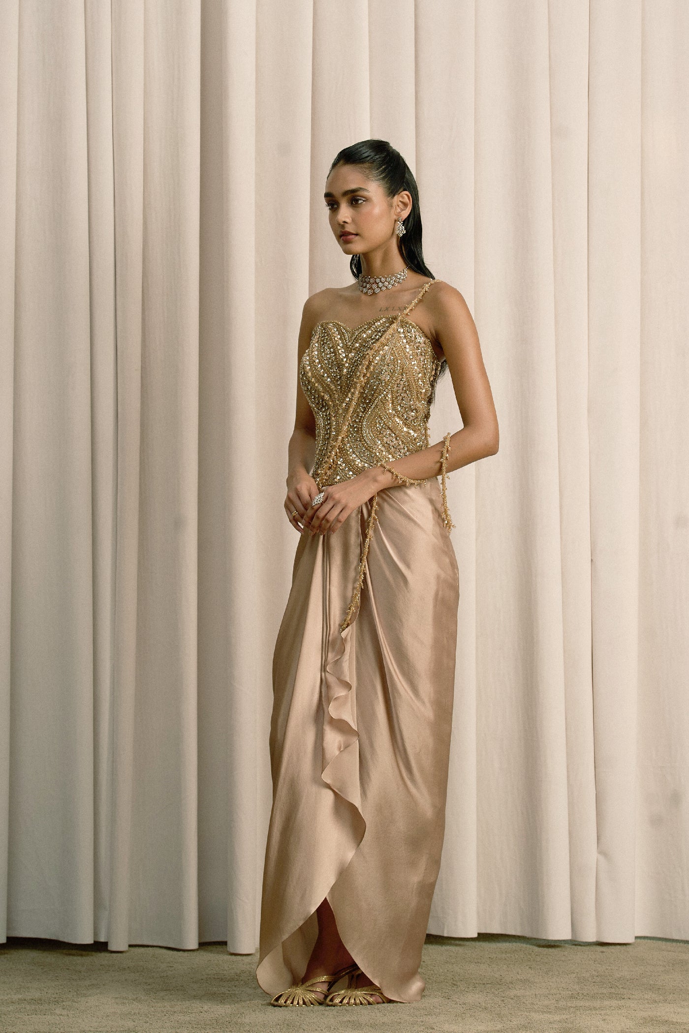 BEIGE CORSET WITH DRAPED SKIRT