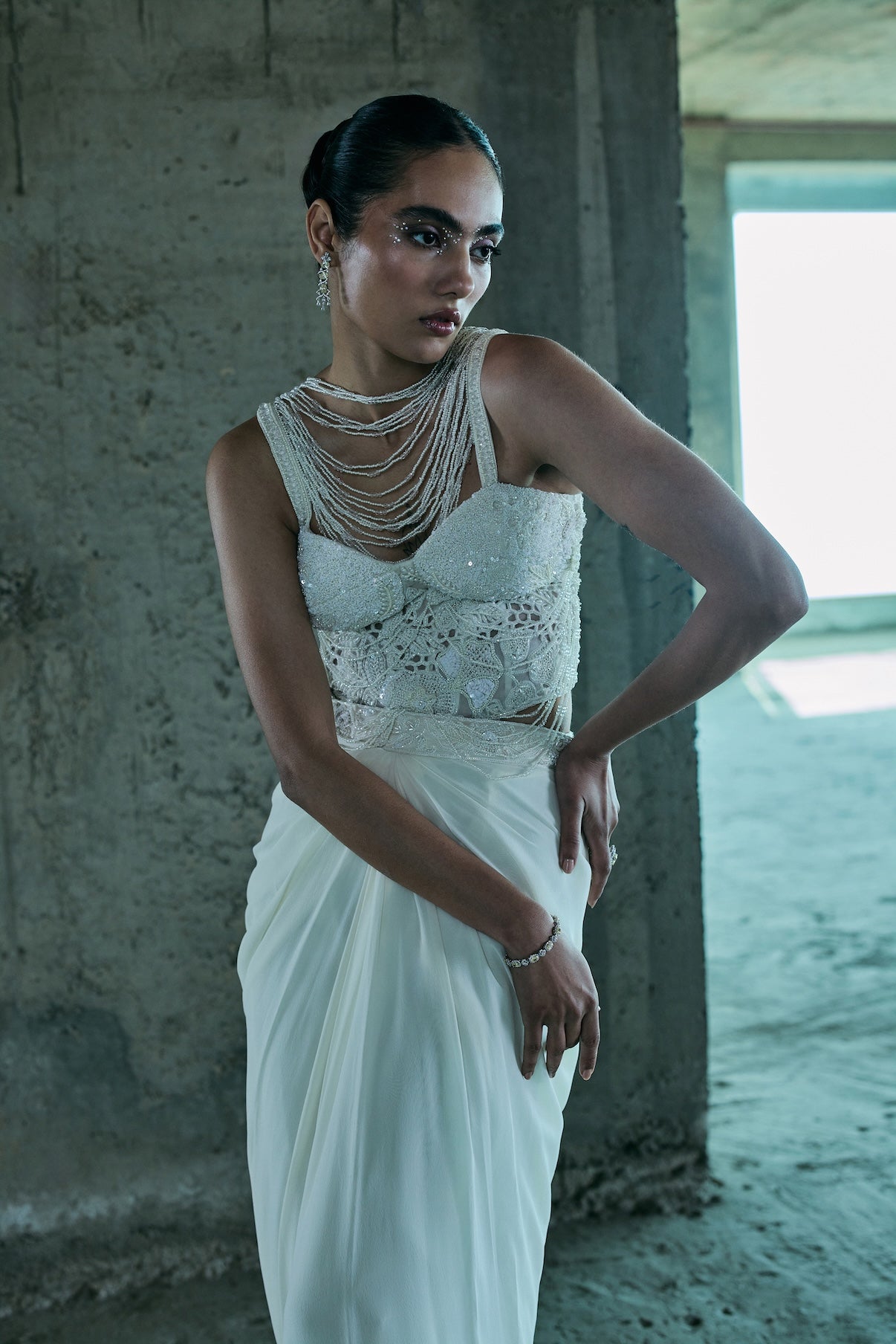 IVORY PEARL EMBELLISHED CORSET WITH SKIRT SET