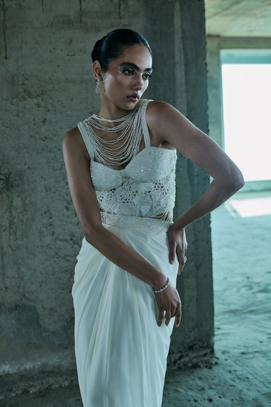 IVORY PEARL EMBELLISHED CORSET WITH SKIRT SET
