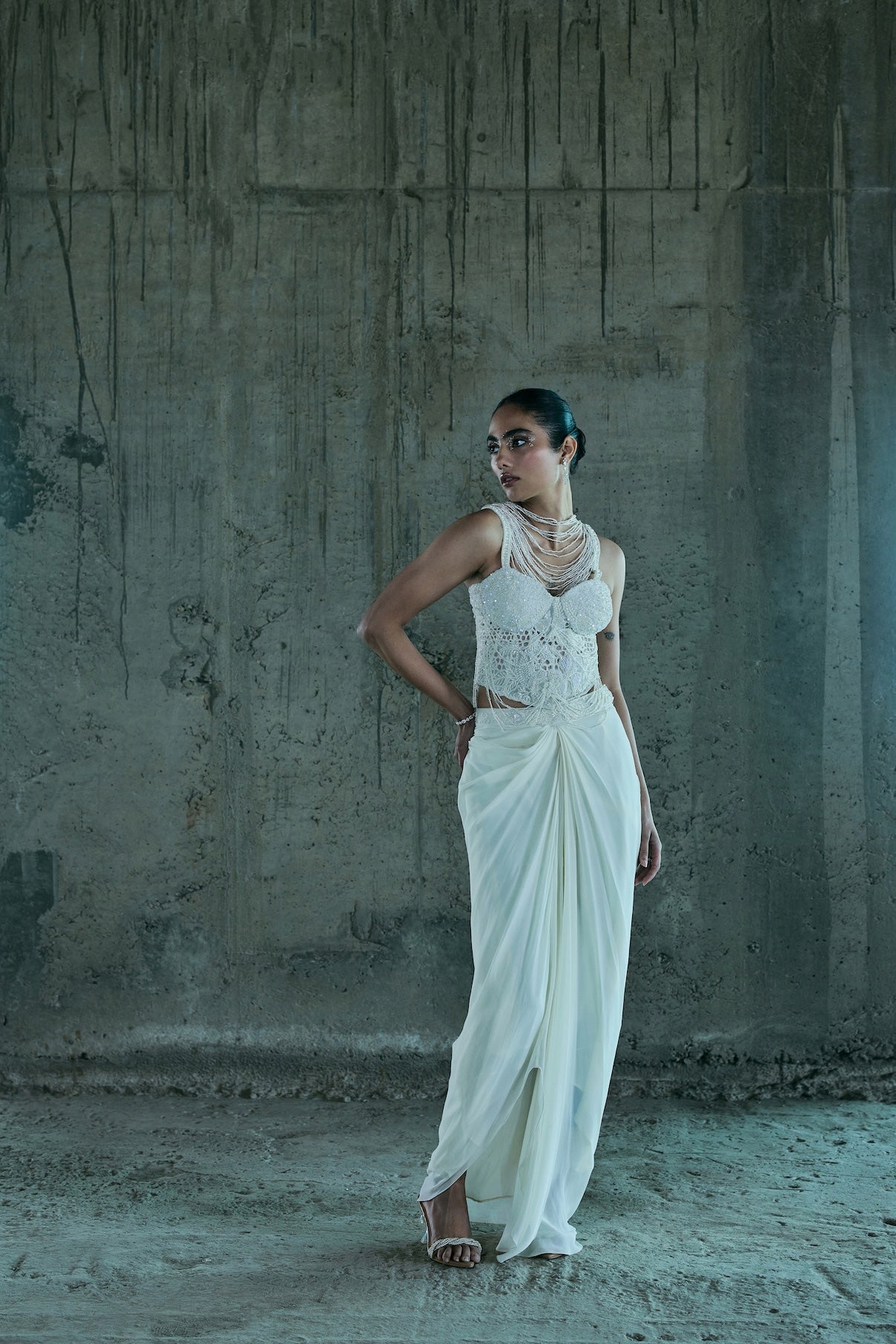 IVORY PEARL EMBELLISHED CORSET WITH SKIRT SET