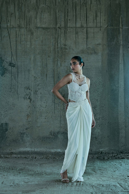 IVORY PEARL EMBELLISHED CORSET WITH SKIRT SET